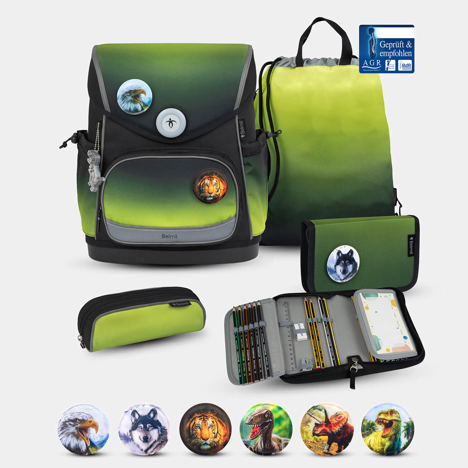 Compact Plus Black Green Schoolbag set 5pcs.